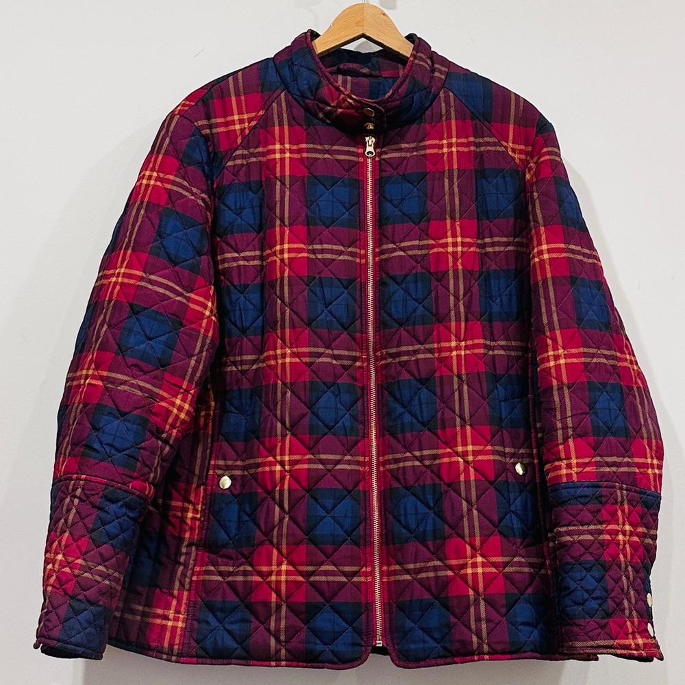 Burgundy, Blue & Yellow Plaid Quilted Jacket w Zipper Closure Mock Neck Collar - Picture 3 of 11